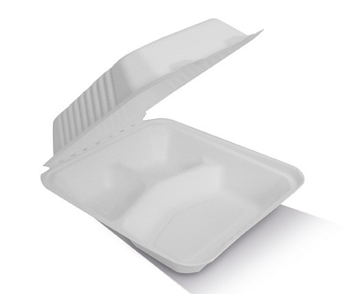 Sugarcane Box 8in 3 Compartments - Clamshell 203x203x58mm- White 100x2P