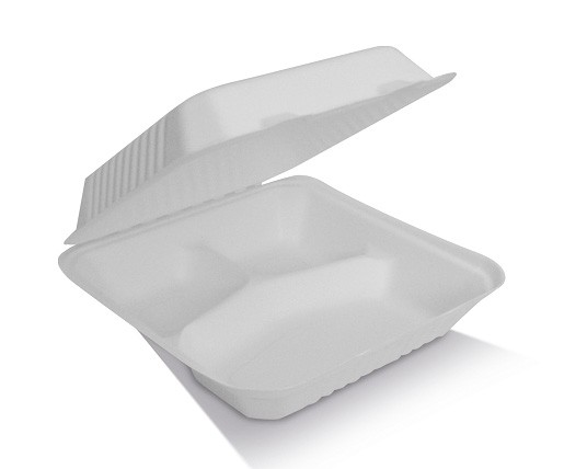 Sugarcane Box 9in 3 Compartments - Clamshell 229x229x80mm - White 50x4P